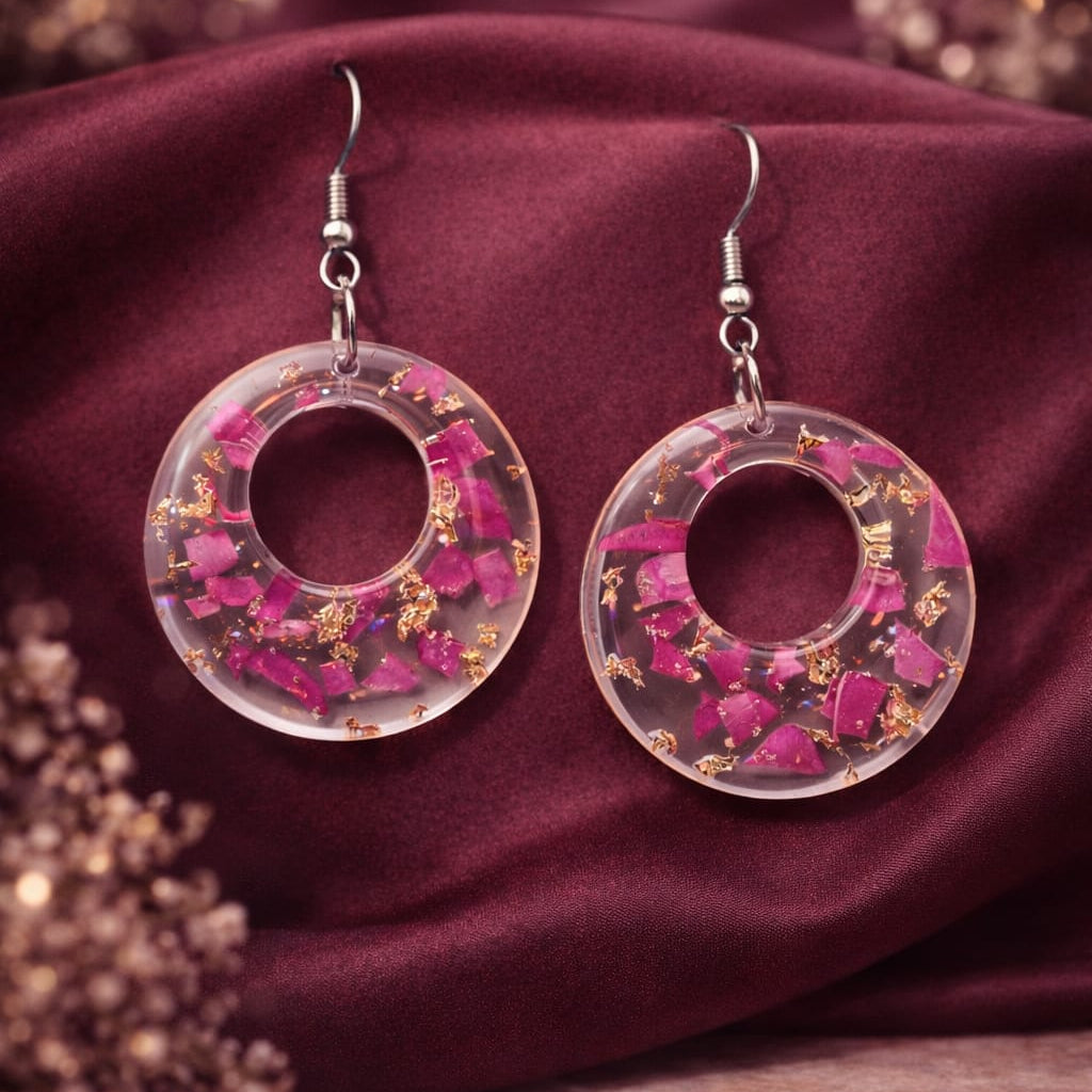 Handcrafted Floral Resin Circle Earrings | Pink Flower Statement Jewelry