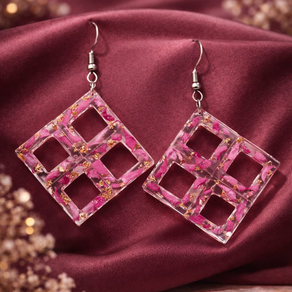 Handmade Resin Earrings with Real Flowers & Gold Foil | Geometric Grid Drop Earrings