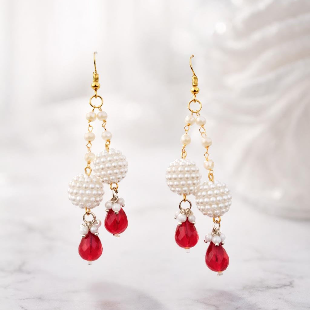 Elegant Pearl Finish Bead & Red Crystal Drop Earrings – Handmade Design