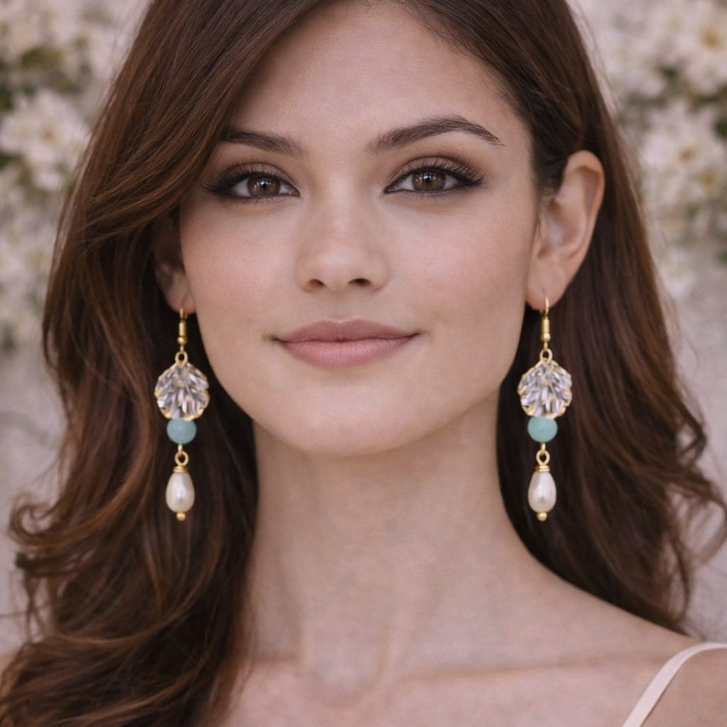 Elegant Crystal Drop Earrings with Pearl Finish | Lightweight Gold Tone Earrings