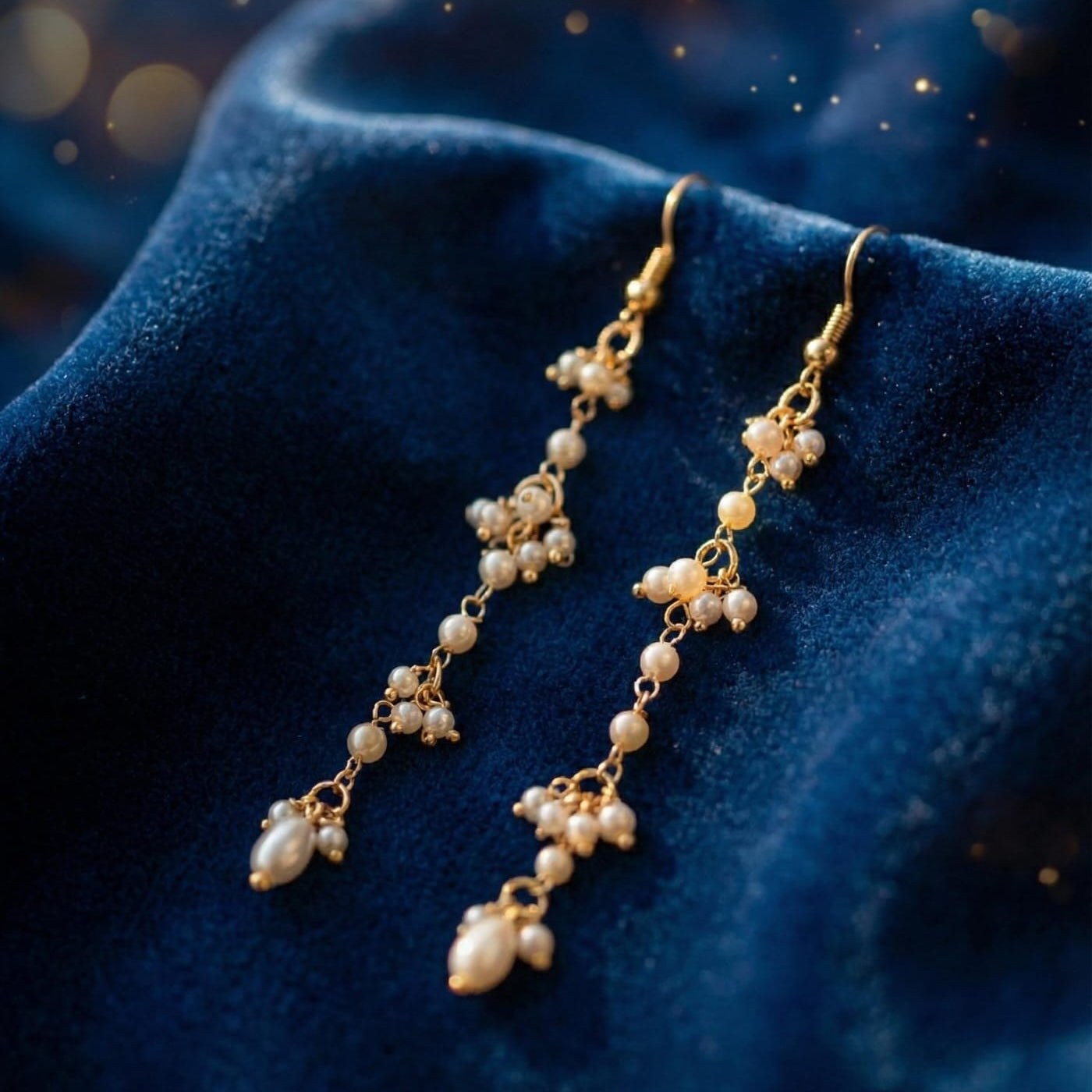 Handmade Pearl Cluster Long Drop Earrings | Minimal Elegant Gold Finish Jewelry