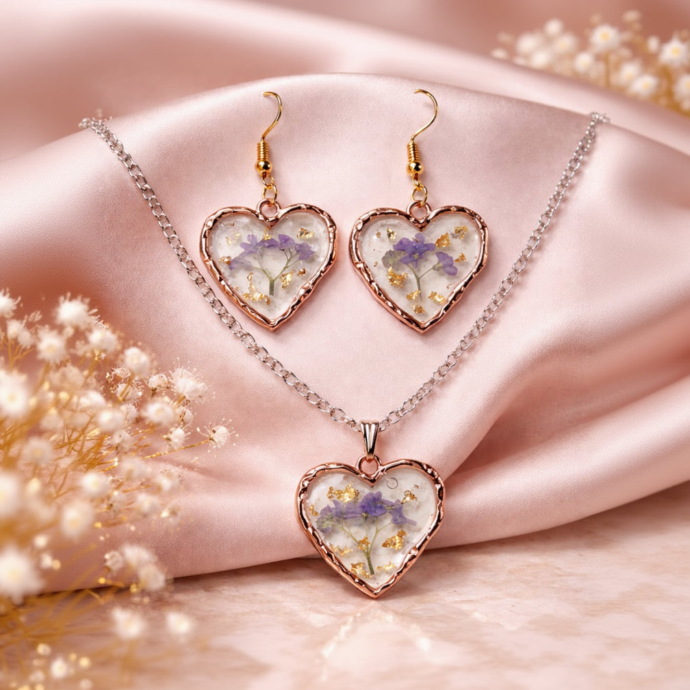 Handmade Resin Heart Pendant Necklace & Earrings Set with Real Flowers & Gold Foil