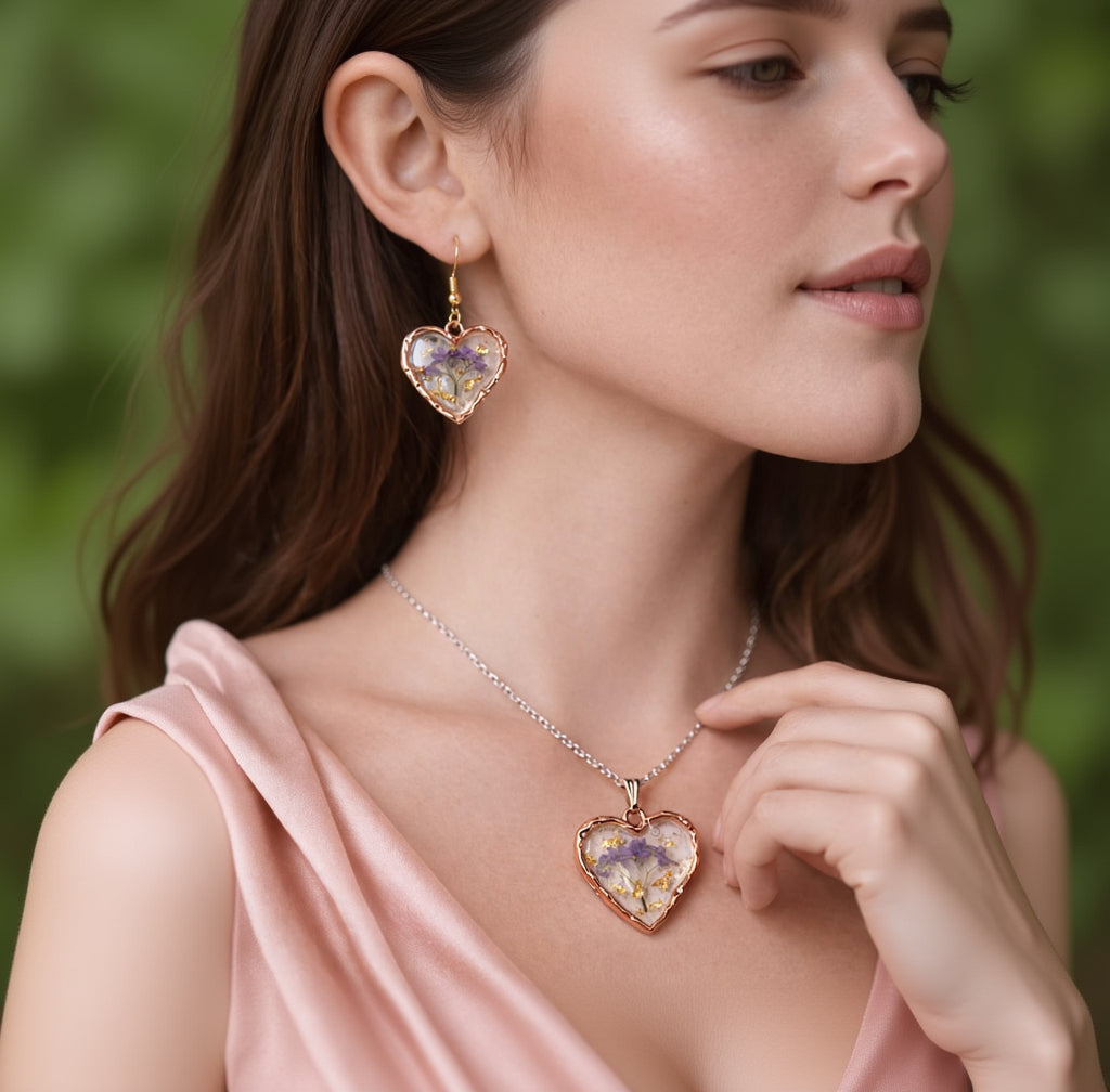 Handmade Resin Heart Pendant Necklace & Earrings Set with Real Flowers & Gold Foil