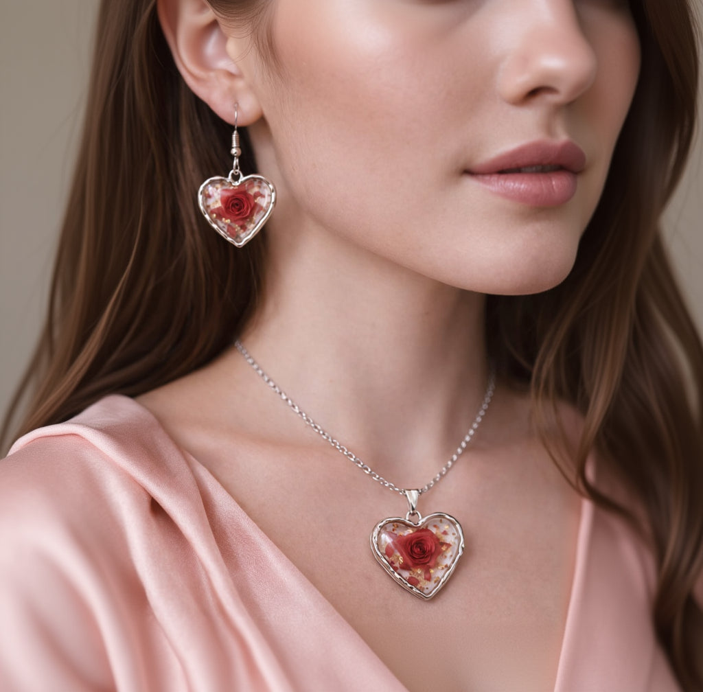 Handcrafted Floral Resin Jewelry Set | Heart Pendant Necklace with Matching Earrings