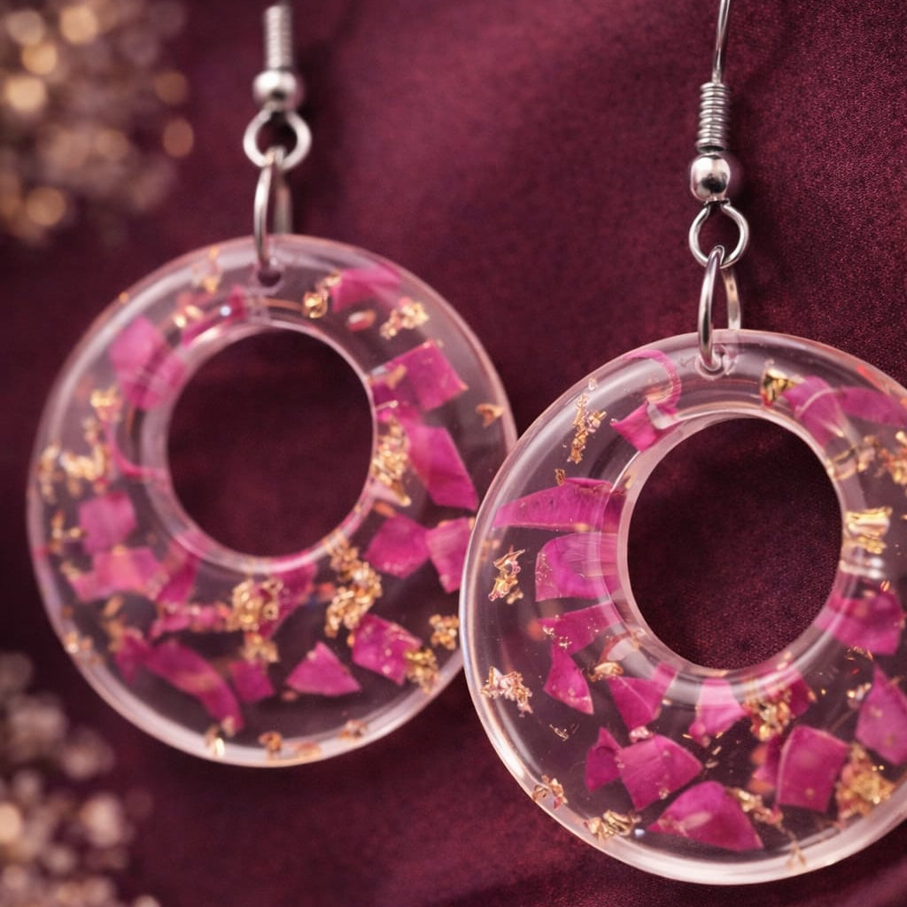 Handcrafted Floral Resin Circle Earrings | Pink Flower Statement Jewelry