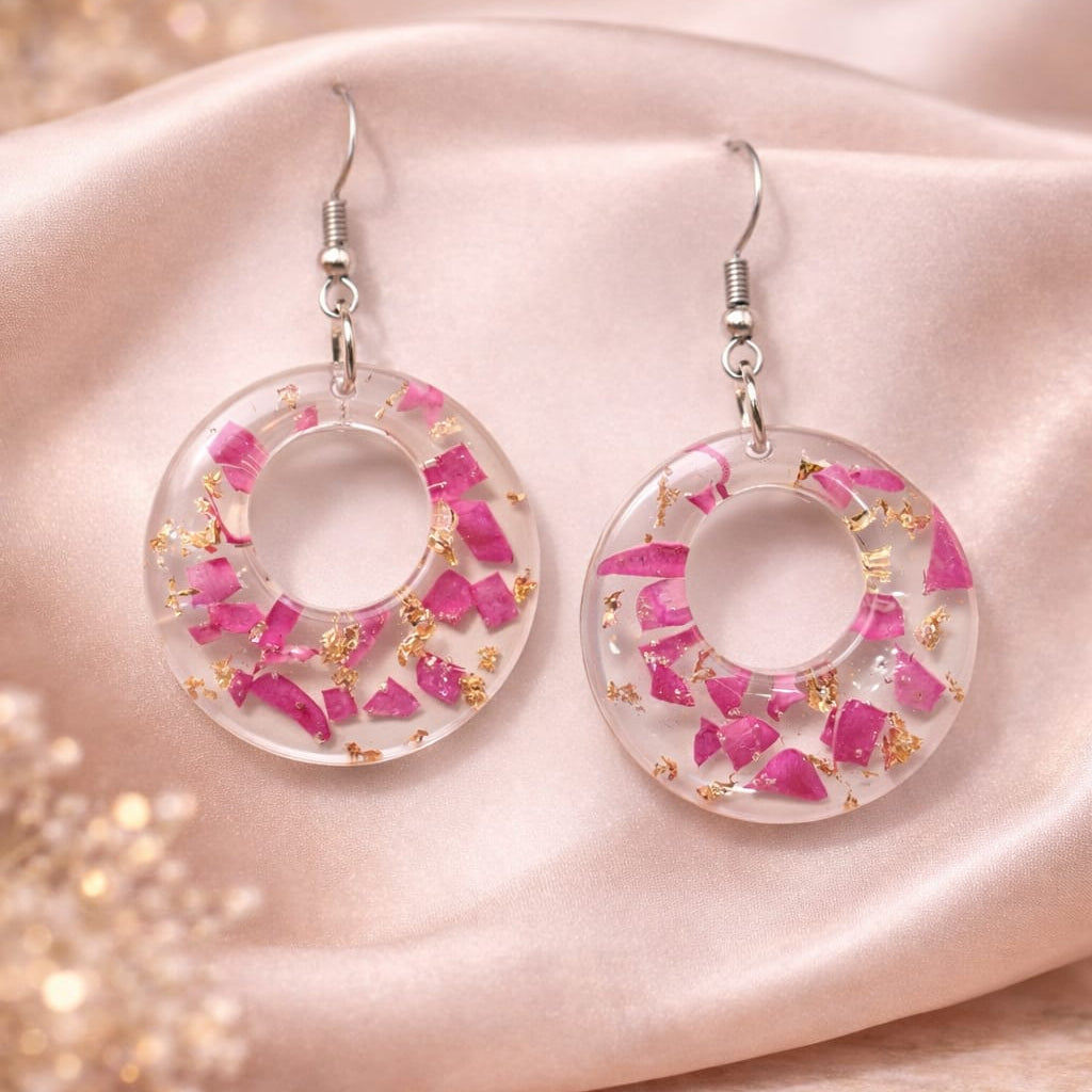 Handcrafted Floral Resin Circle Earrings | Pink Flower Statement Jewelry