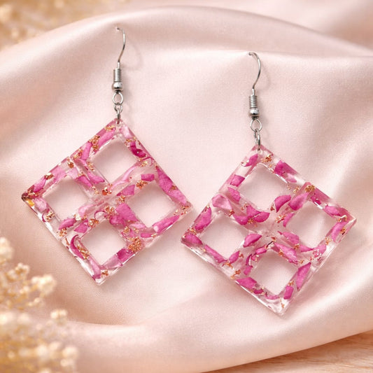 Handmade Resin Earrings with Real Flowers & Gold Foil | Geometric Grid Drop Earrings