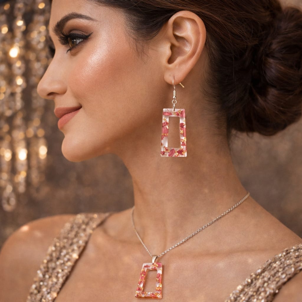 Handcrafted Resin Jewelry Set | Minimal Pendant Necklace with Matching Earrings