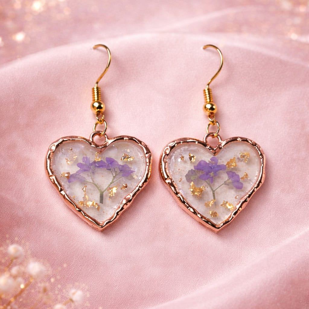 Handmade Resin Heart Pendant Necklace & Earrings Set with Real Flowers & Gold Foil