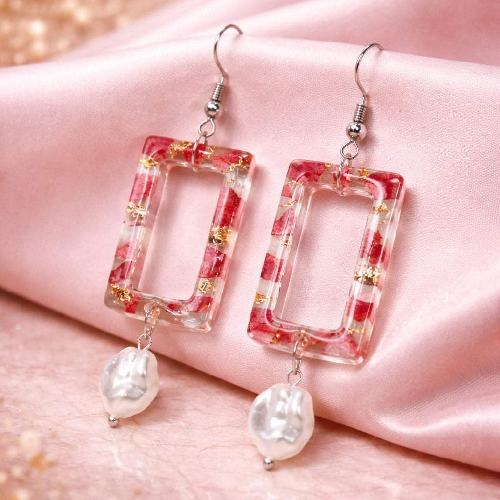 Handmade Resin Earrings with Faux Pearl Drop | Red Flower Petals & Gold Foil