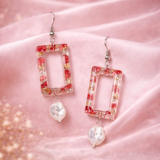 Handmade Resin Earrings with Faux Pearl Drop | Red Flower Petals & Gold Foil