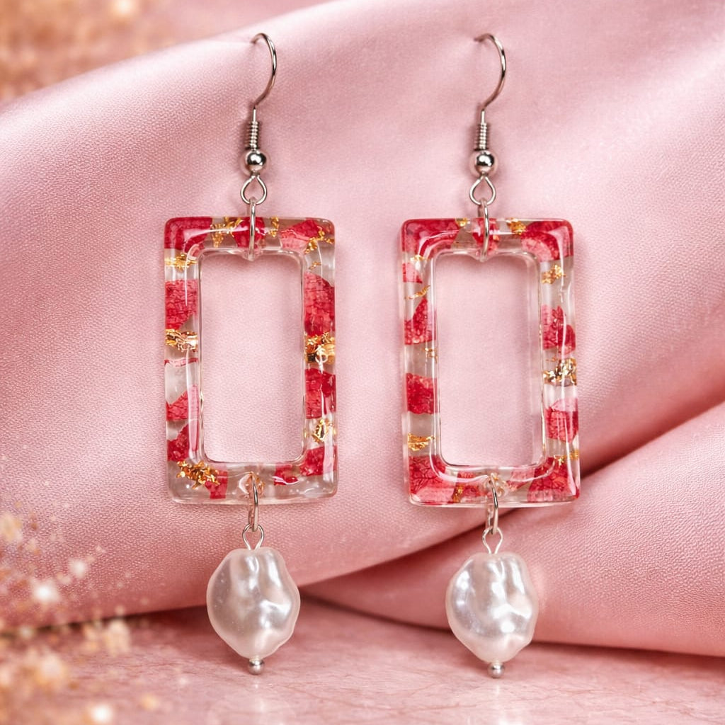 Handmade Resin Earrings with Faux Pearl Drop | Red Flower Petals & Gold Foil