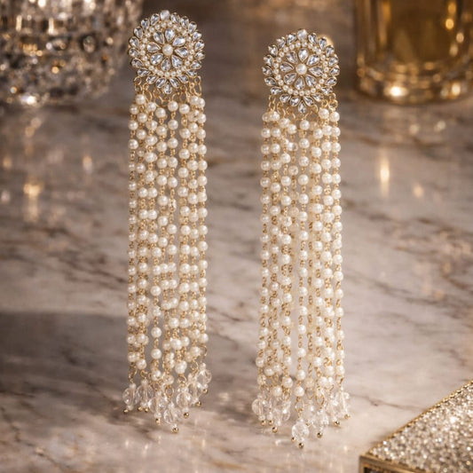 Handcrafted Pearl Tassel Earrings | Traditional Long Statement Earrings
