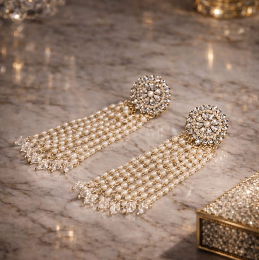 Handcrafted Pearl Tassel Earrings | Traditional Long Statement Earrings