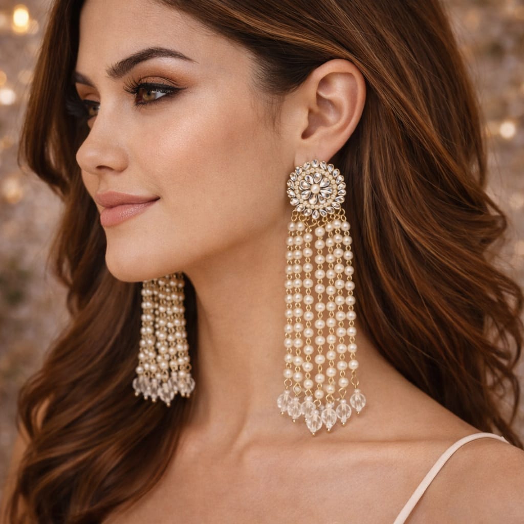Handcrafted Pearl Tassel Earrings | Traditional Long Statement Earrings