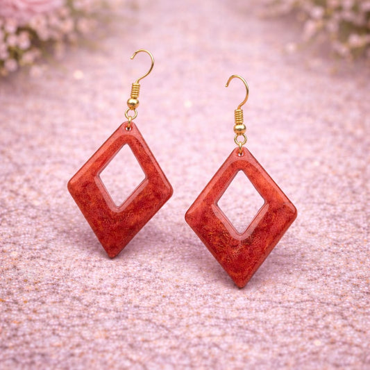 Handmade Red Resin Geometric Earrings | Minimal Diamond Shape Drop Earrings