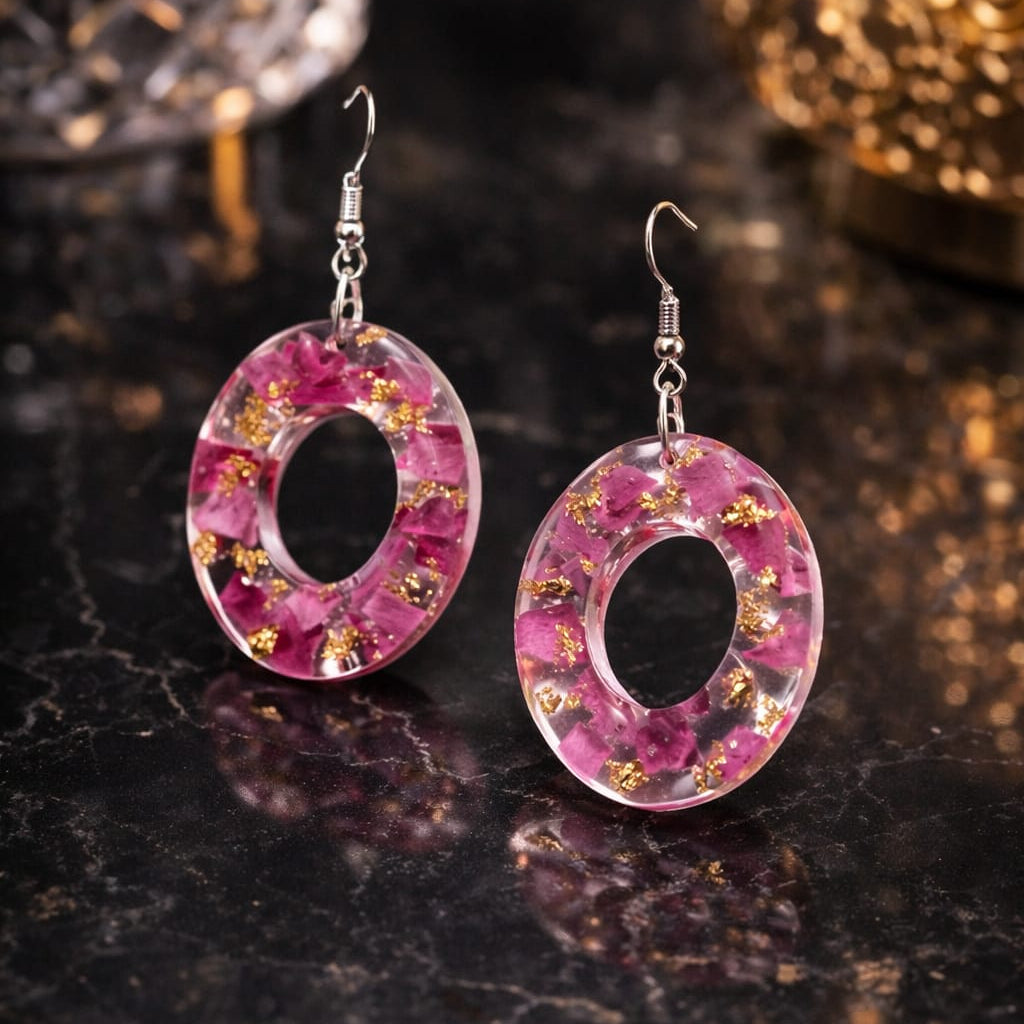 Handcrafted Floral Resin Hoop Earrings | Pink & Gold Statement Jewelry