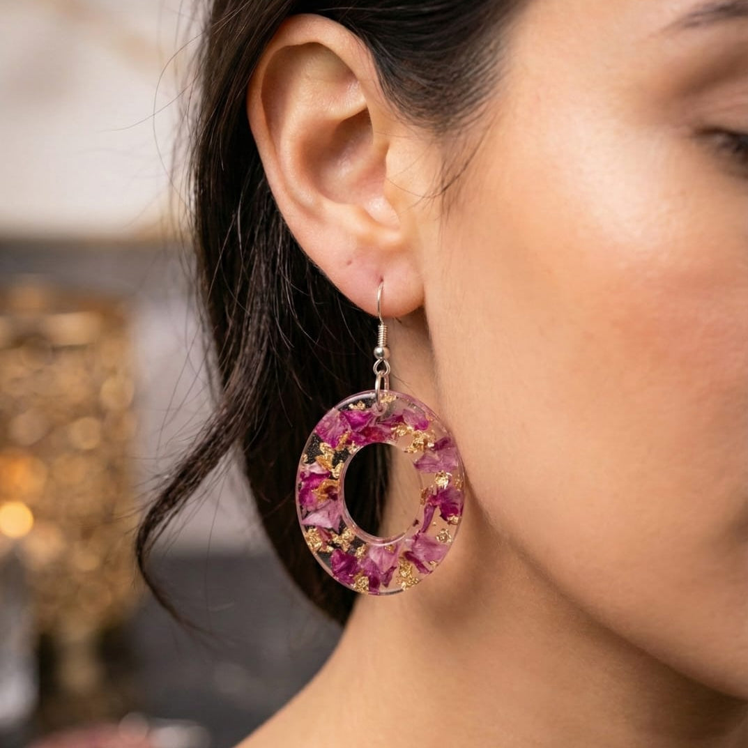 Handcrafted Floral Resin Hoop Earrings | Pink & Gold Statement Jewelry