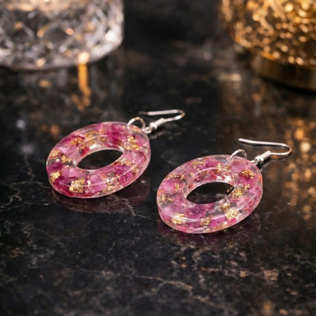 Handcrafted Floral Resin Hoop Earrings | Pink & Gold Statement Jewelry