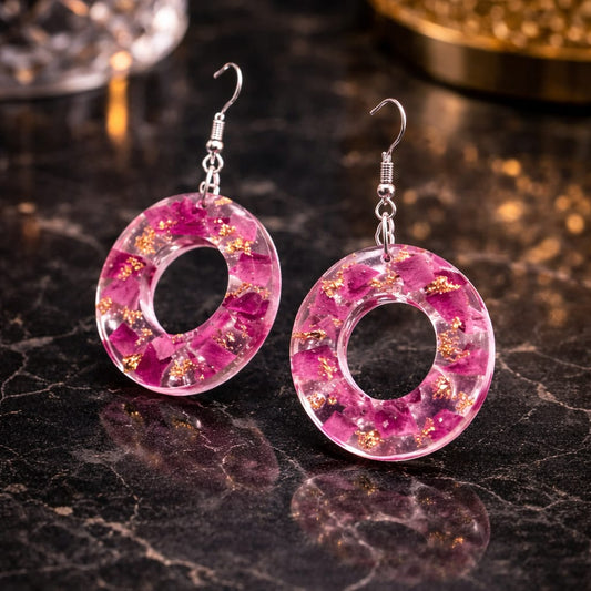 Handcrafted Floral Resin Hoop Earrings | Pink & Gold Statement Jewelry