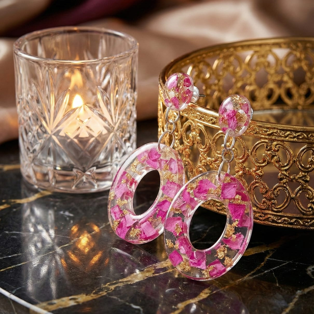 Handcrafted Floral Resin Earrings | Real Flower & Gold Foil Statement Jewelry