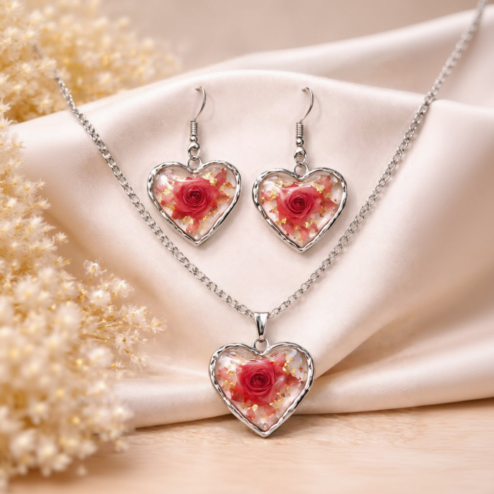 Handcrafted Floral Resin Jewelry Set | Heart Pendant Necklace with Matching Earrings