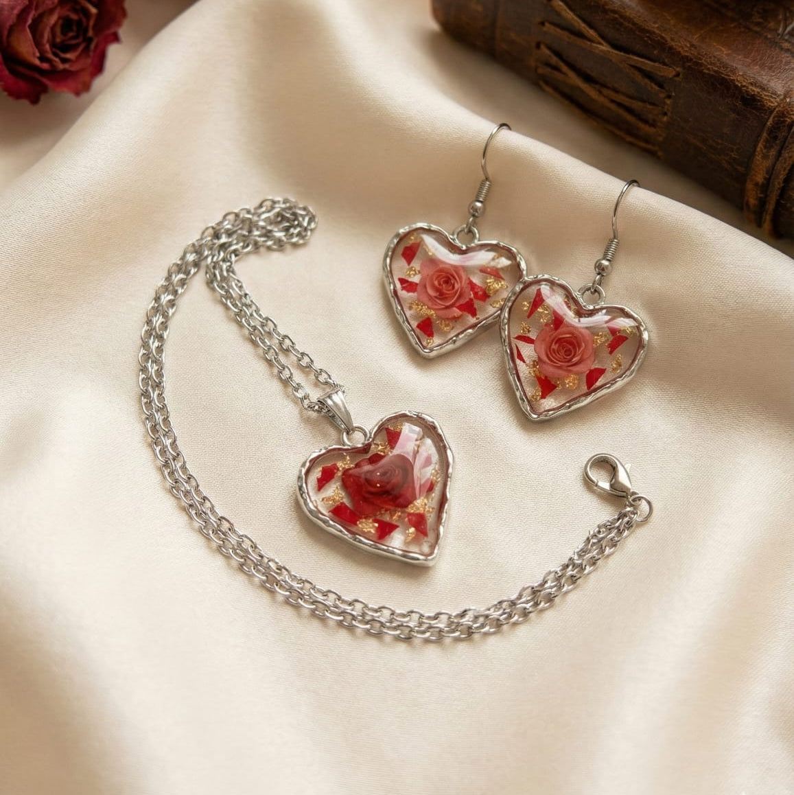 Handcrafted Floral Resin Jewelry Set | Heart Pendant Necklace with Matching Earrings