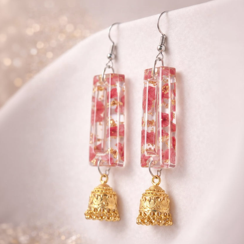 Handcrafted Resin Floral Jhumka Earrings with Gold Foil | Fusion Statement Earrings