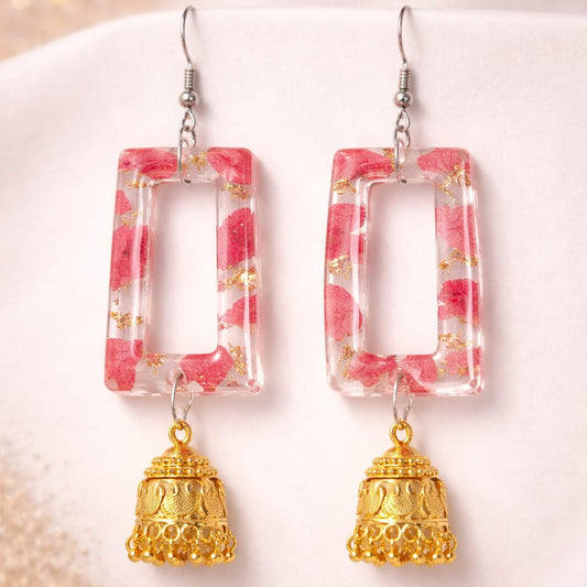 Handcrafted Resin Floral Jhumka Earrings with Gold Foil | Fusion Statement Earrings