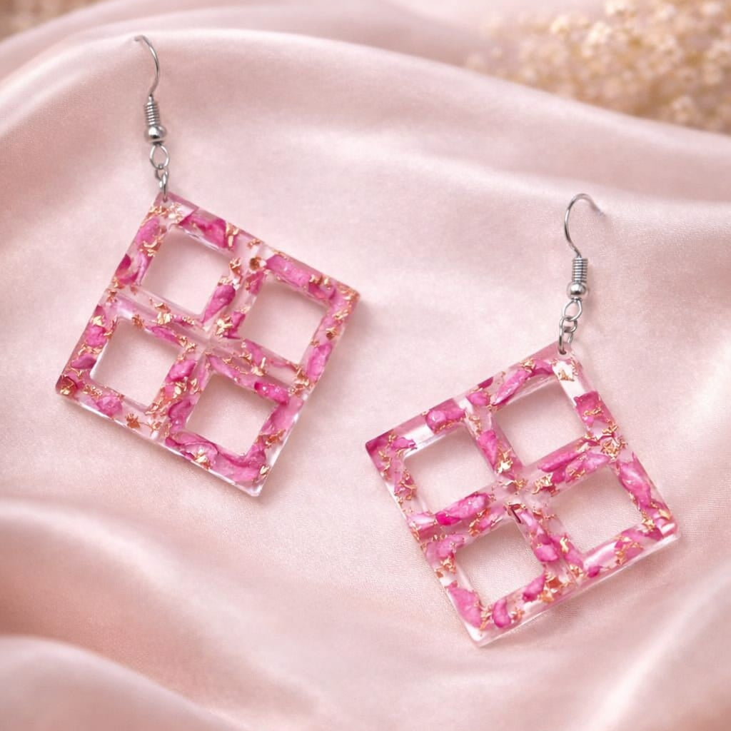 Handmade Resin Earrings with Real Flowers & Gold Foil | Geometric Grid Drop Earrings