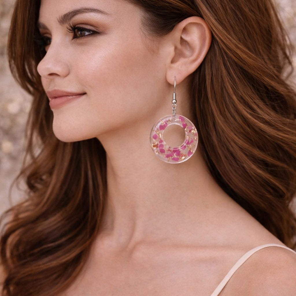 Handcrafted Floral Resin Circle Earrings | Pink Flower Statement Jewelry