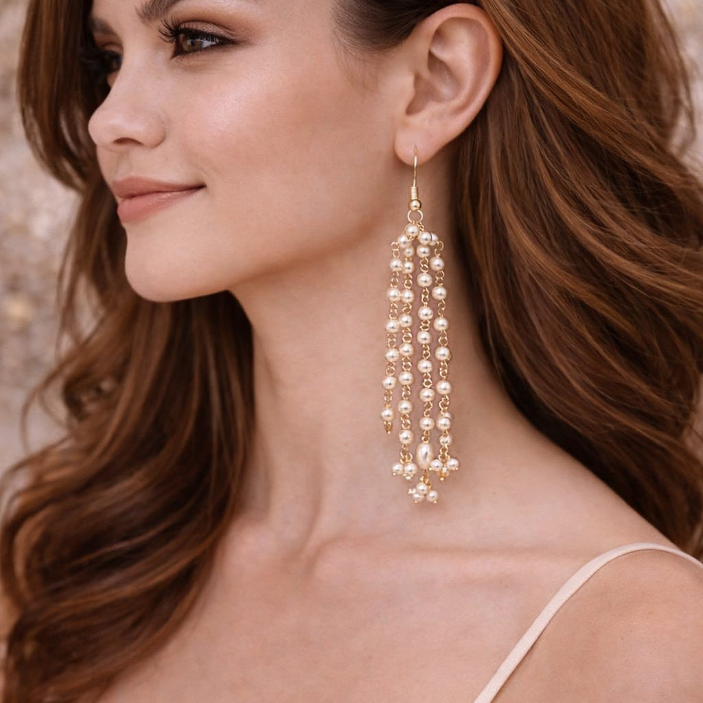 Handmade Pearl Chain Tassel Earrings | Traditional Statement Jewelry