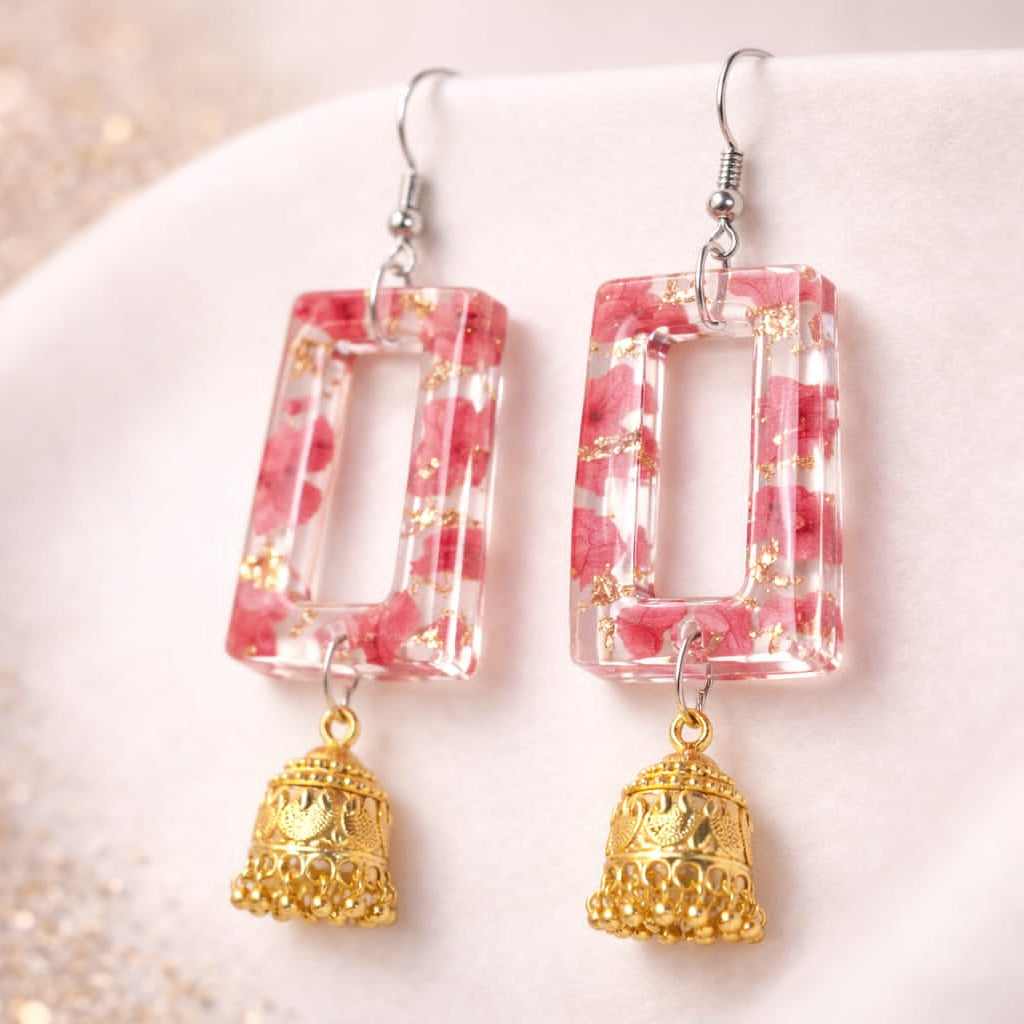 Handcrafted Resin Floral Jhumka Earrings with Gold Foil | Fusion Statement Earrings