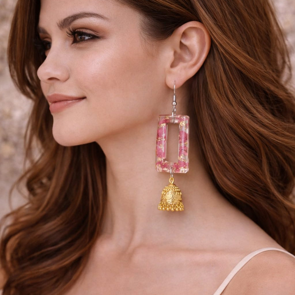 Handcrafted Resin Floral Jhumka Earrings with Gold Foil | Fusion Statement Earrings