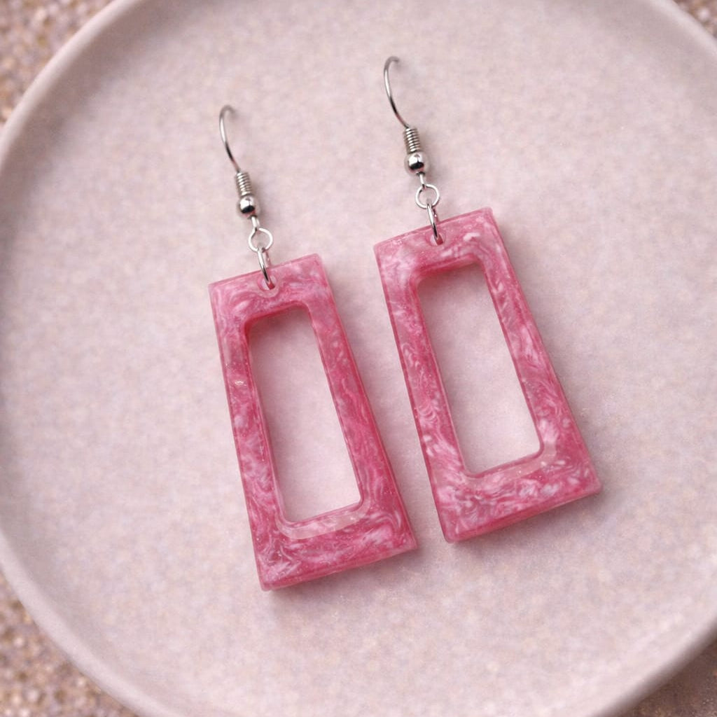 Handcrafted Pink Resin Rectangle Drop Earrings | Minimal Everyday Earrings