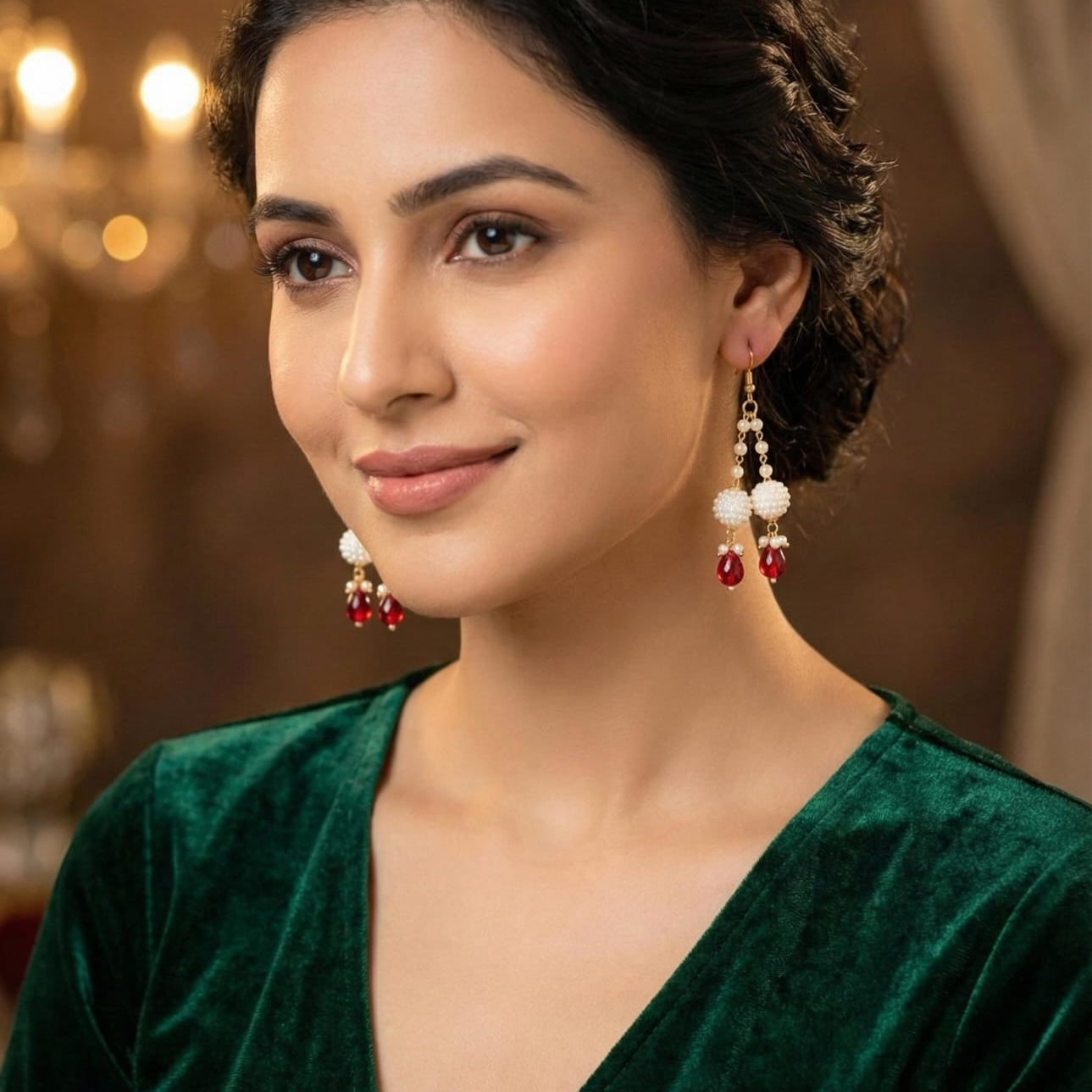 Elegant Pearl Finish Bead & Red Crystal Drop Earrings – Handmade Design