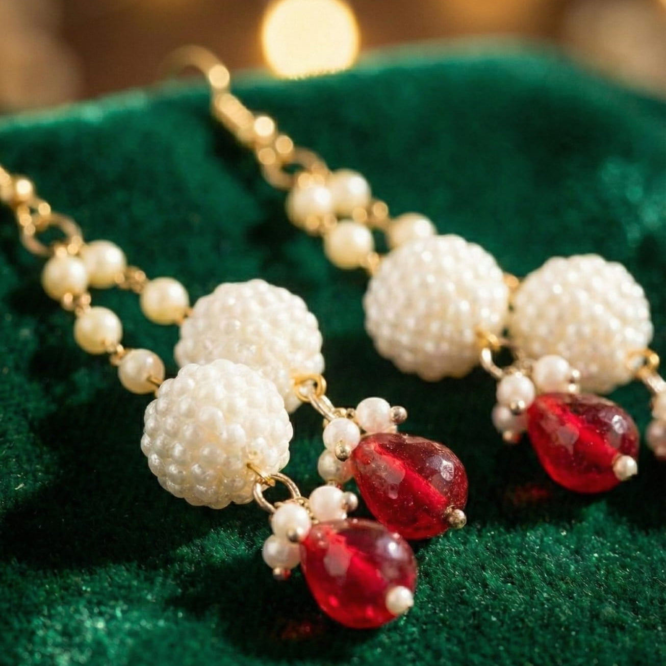 Elegant Pearl Finish Bead & Red Crystal Drop Earrings – Handmade Design