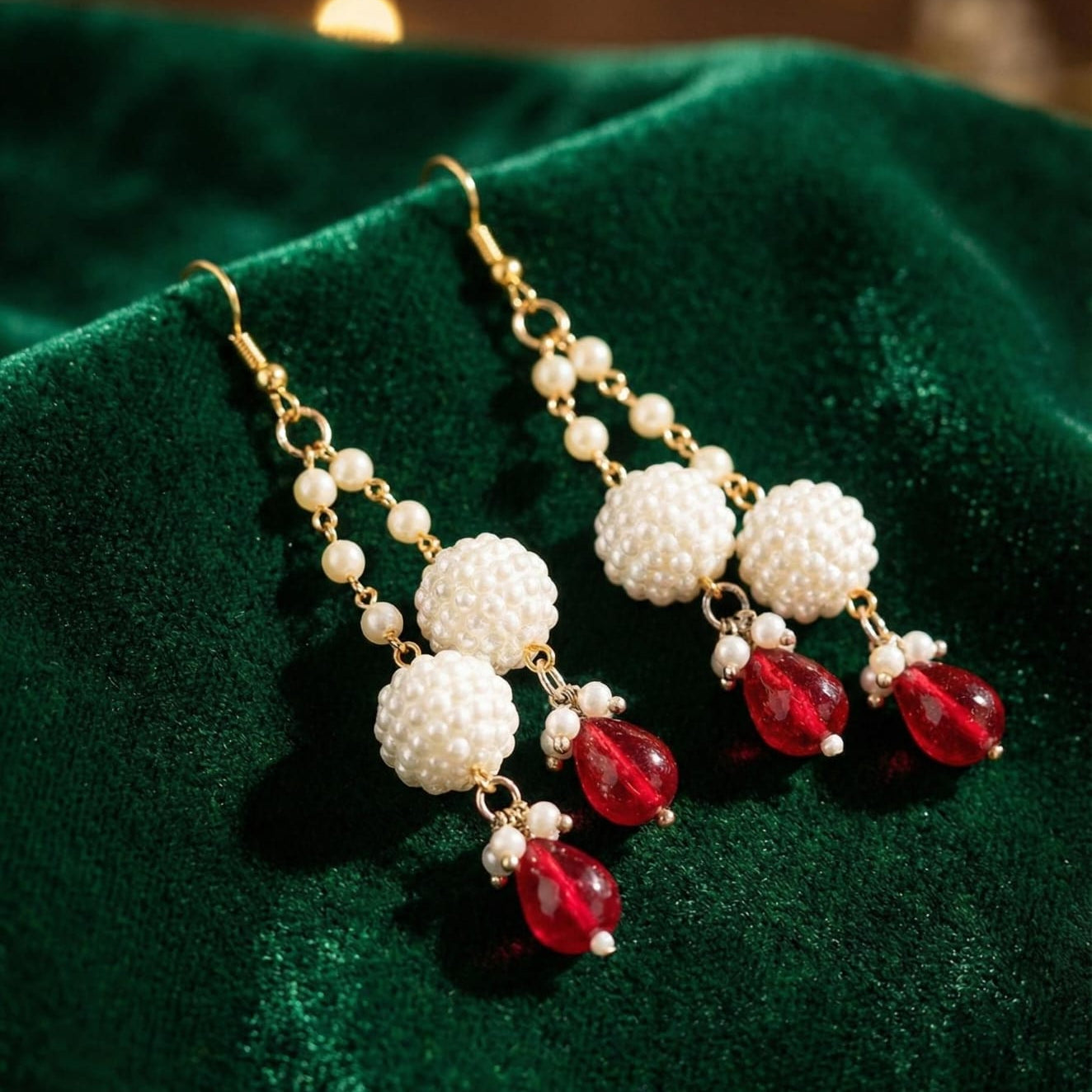 Elegant Pearl Finish Bead & Red Crystal Drop Earrings – Handmade Design