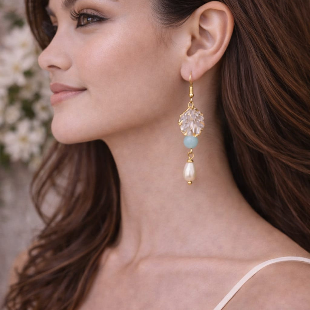 Elegant Crystal Drop Earrings with Pearl Finish | Lightweight Gold Tone Earrings