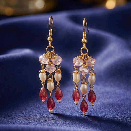 Handmade Multicolor Crystal & Pearl Drop Earrings | Gold Tone Beaded Jewelry