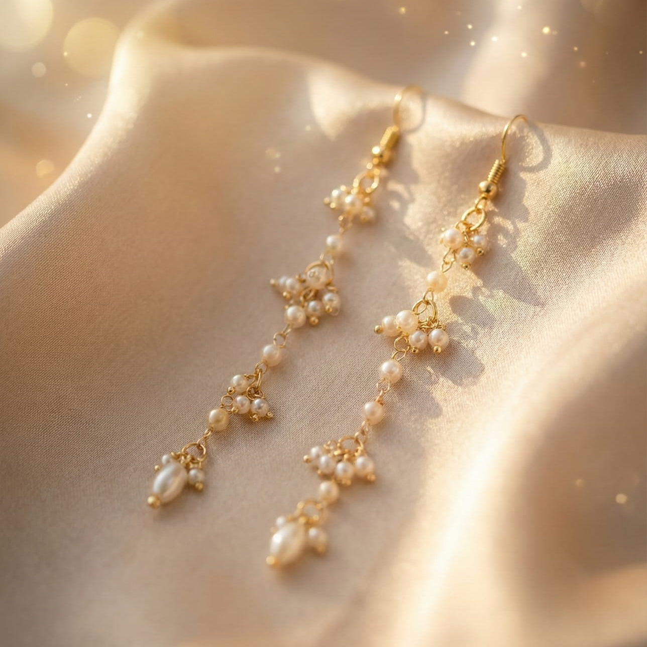 Handmade Pearl Cluster Long Drop Earrings | Minimal Elegant Gold Finish Jewelry