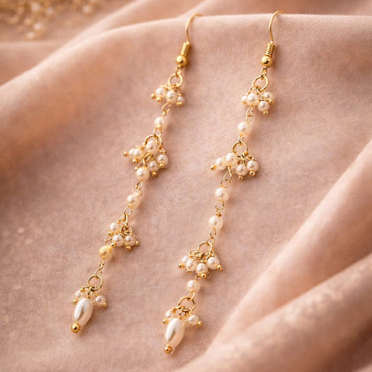 Handmade Pearl Cluster Long Drop Earrings | Minimal Elegant Gold Finish Jewelry