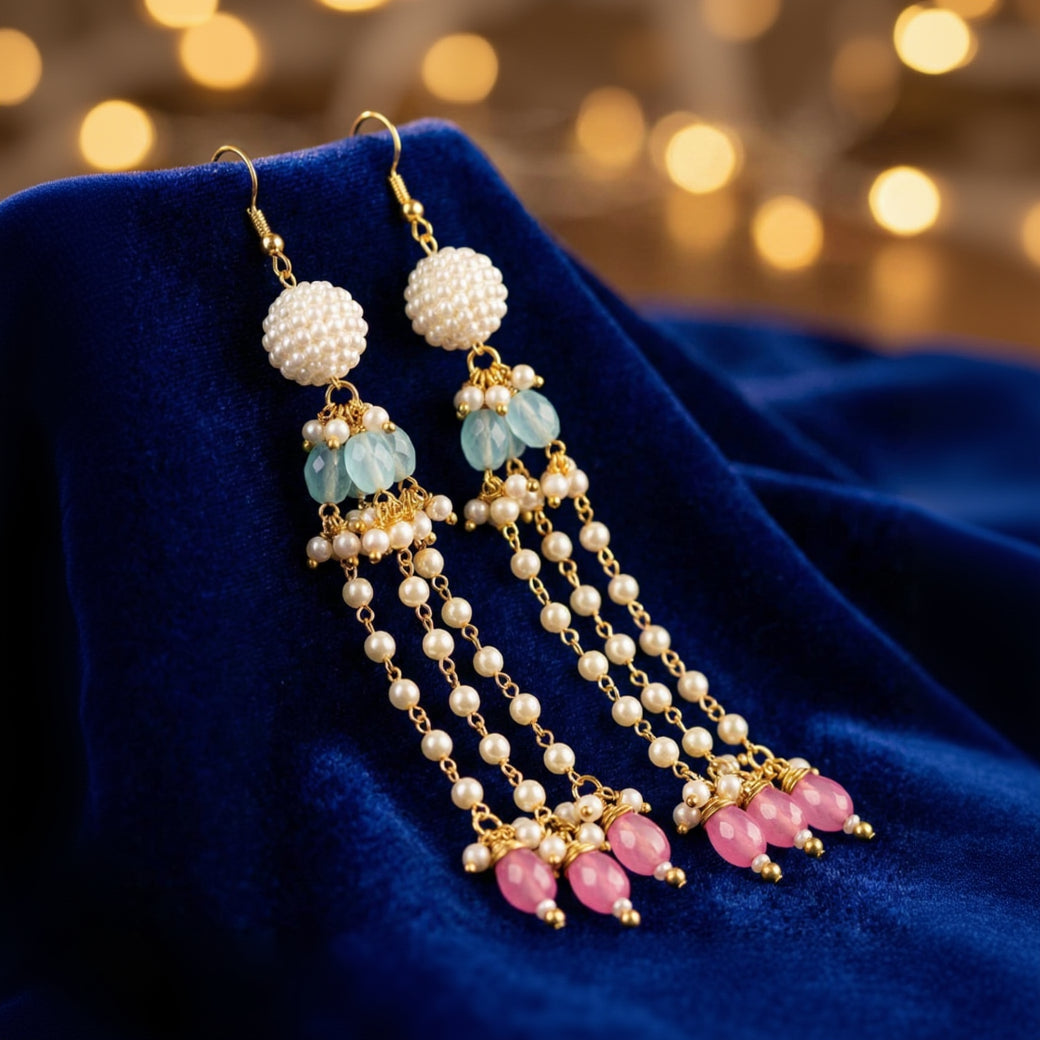 Elegant Pearl Tassel Drop Earrings with Crystal Beads | Long Gold Tone Statement Earrings for Women