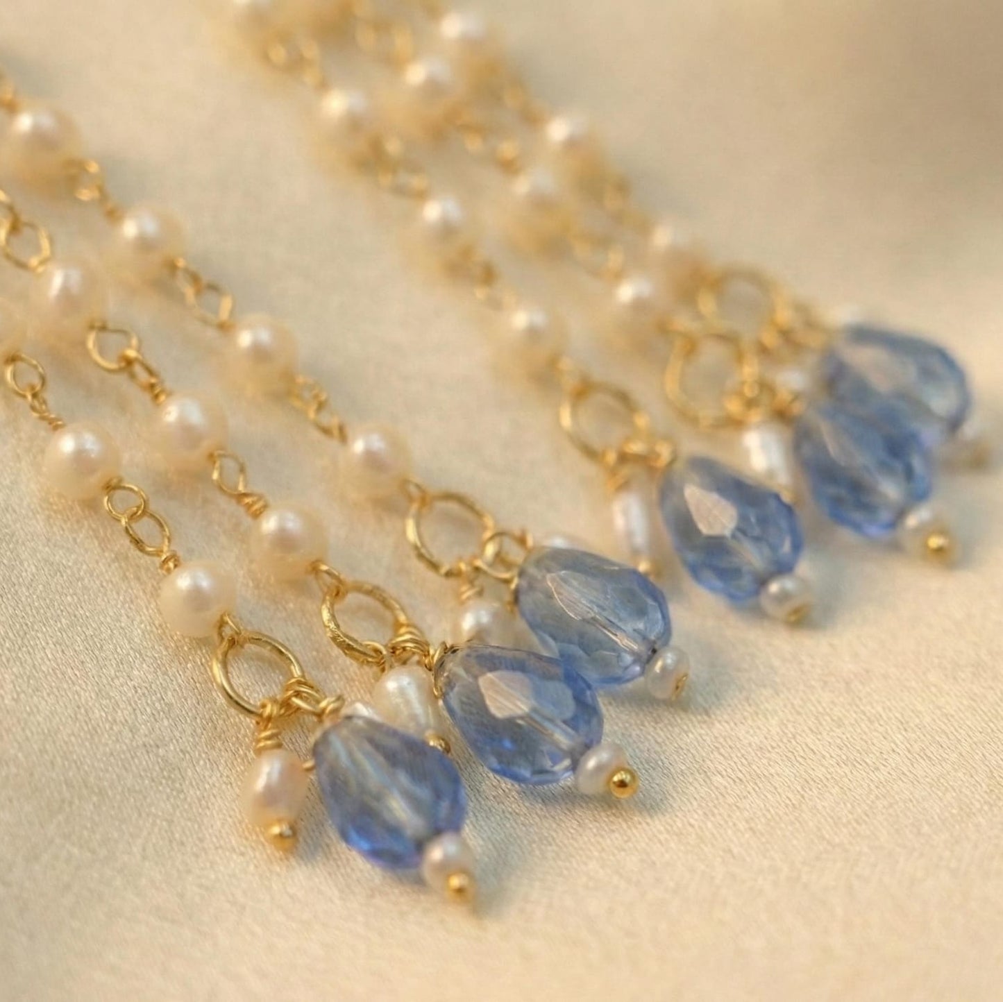 Elegant Blue Crystal & Pearl Drop Earrings | Long Gold Tone Chain Tassel Earrings for Women