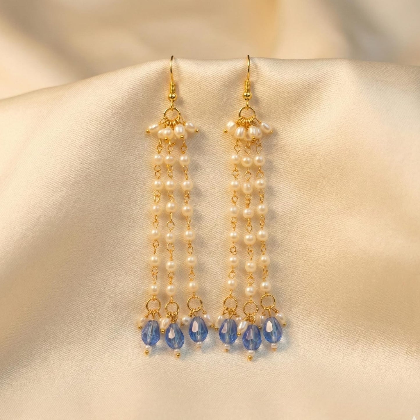 Elegant Blue Crystal & Pearl Drop Earrings | Long Gold Tone Chain Tassel Earrings for Women