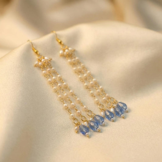 Elegant Blue Crystal & Pearl Drop Earrings | Long Gold Tone Chain Tassel Earrings for Women