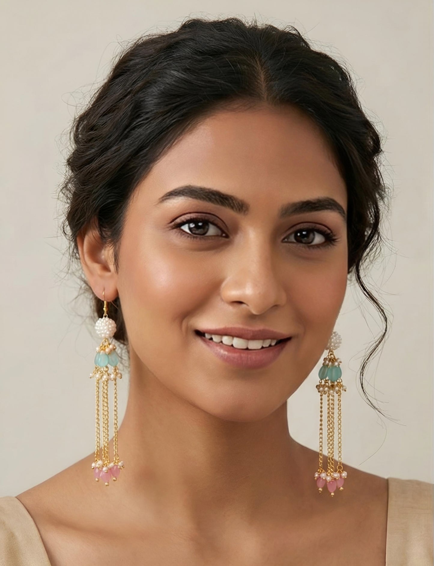 Gold-Plated Pastel Blue & Pink Pearl Tassel Earrings