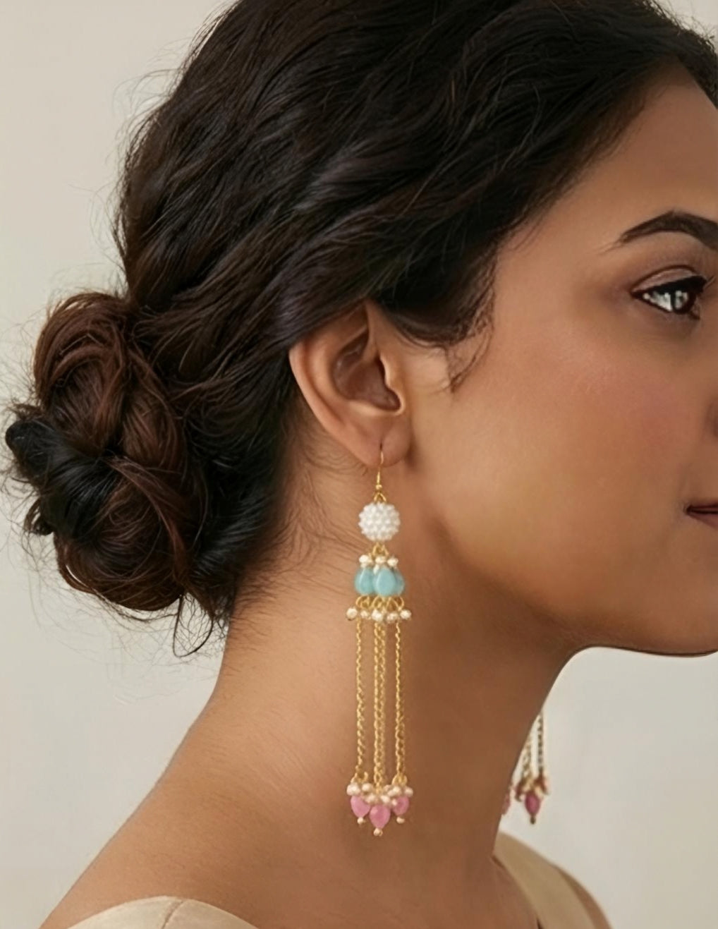 Gold-Plated Pastel Blue & Pink Pearl Tassel Earrings