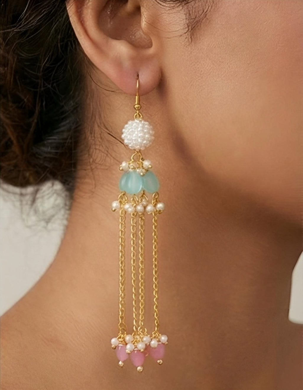 Gold-Plated Pastel Blue & Pink Pearl Tassel Earrings