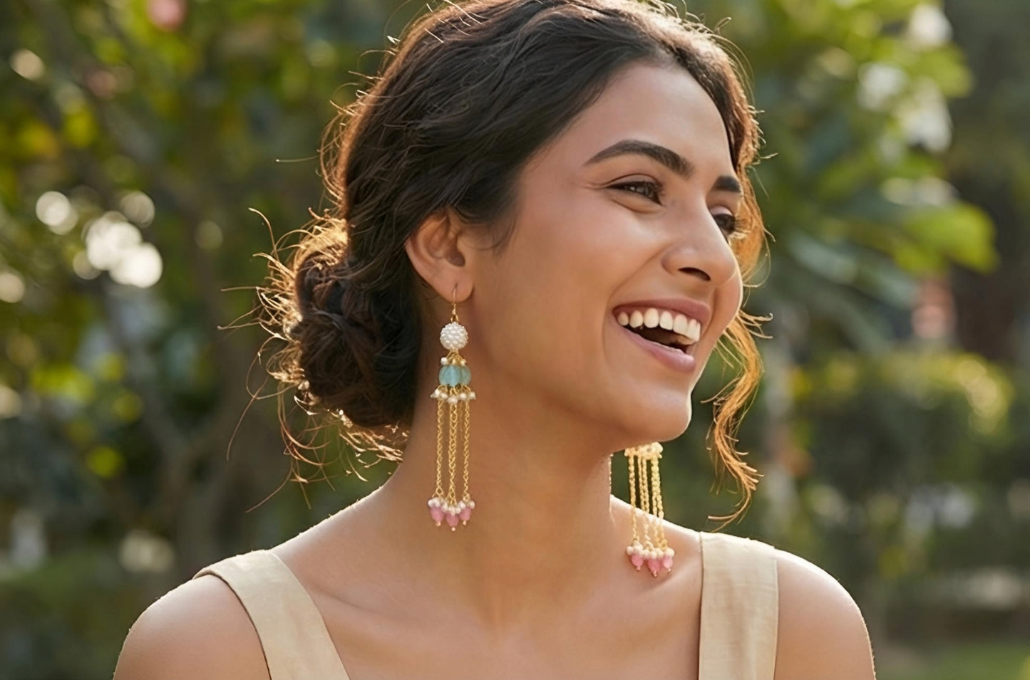 Gold-Plated Pastel Blue & Pink Pearl Tassel Earrings